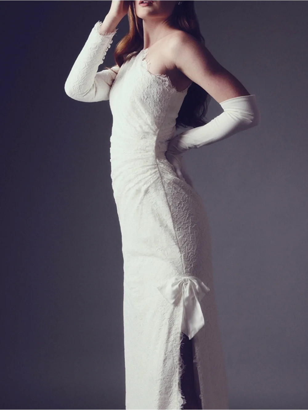 House of Renhue Bruni One-Shoulder Ivory‎ Lace Wedding Gown Drop Waist Size 8
